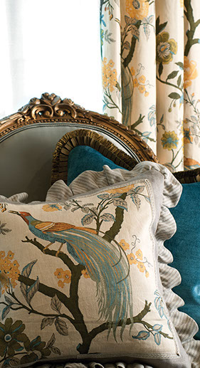sandy drapes, seat cushions, striped, tan trending pillows and fabrics. vignettes close up view, bright pillows
