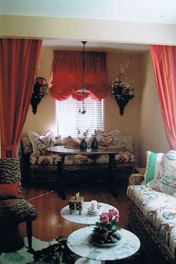 Soft valances  and cornice boards, red shades and wood